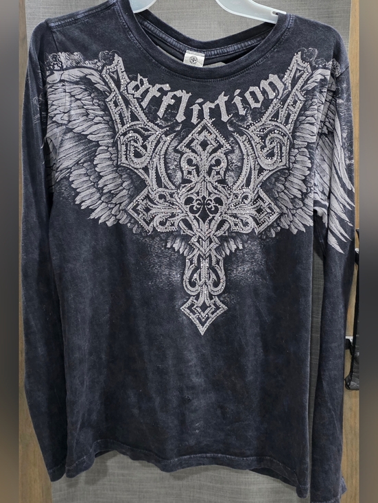 Affliction Tops - Affliction Women's Long Sleeve Black Grey Graphic Tee